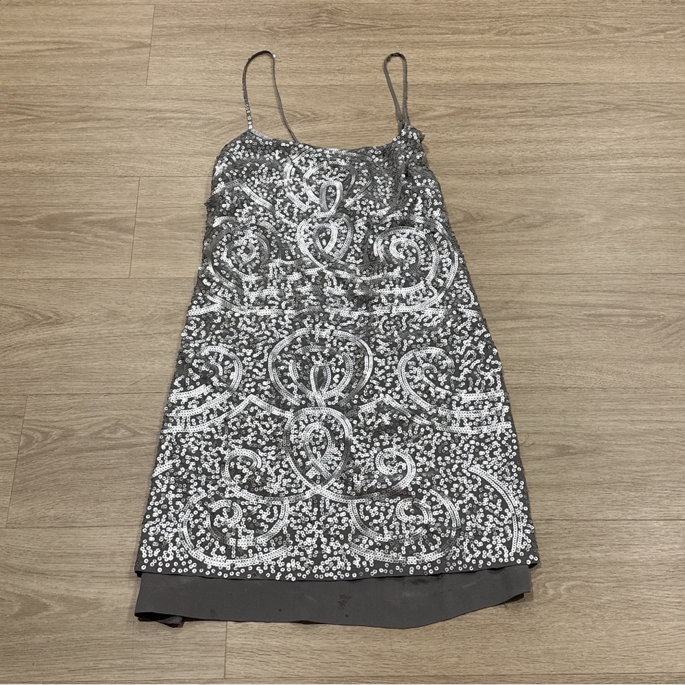 BCBGMaxAzria Silver Grey 100% Silk Sequin Sparkle Party Cocktail Slip Dress 10
